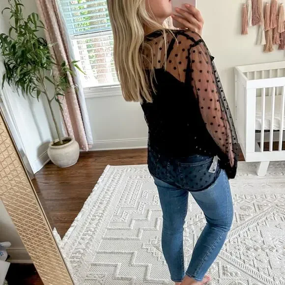 NWT J. Crew Tie-Neck Long Sleeve Top in Dotted Tulle Black 16 $148 - Picture 5 of 12